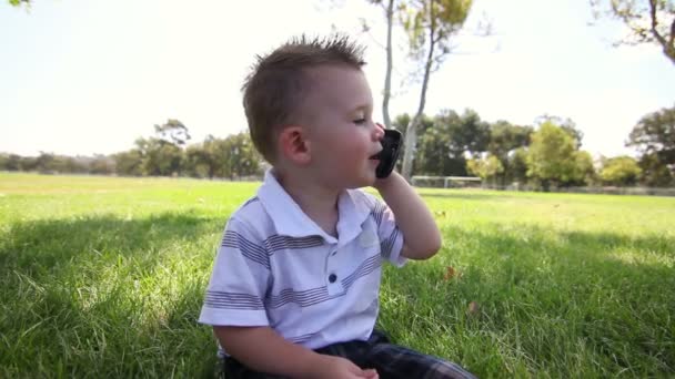 Muda cute bayi laki-laki menggunakan ponsel menyentuh layar di taman . — Stok Video