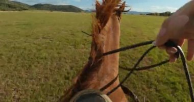 First person point of view, pov of woman horseback riding through country meadow ranch at sunset