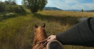 First person point of view, pov of woman horseback riding through country meadow ranch at sunset