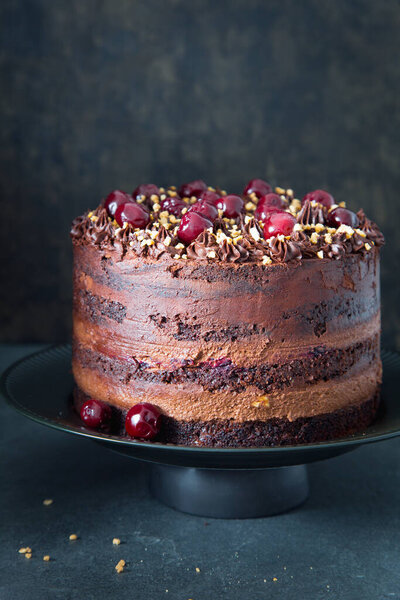 Свежеиспеченный вкусный шоколадный торт с вишней на сером фоне. Торт на день рождения. Копирование пространства.