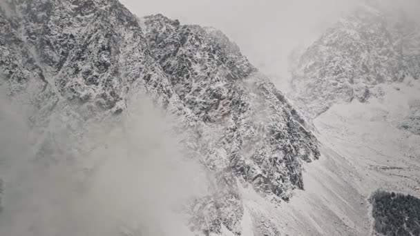 Tempestade, nevasca no enorme glaciar do Monte Belukha, no vale do rio Aktru, nas montanhas Altai. Tempo nublado, pedra na neve, tempestade, vida selvagem, floresta de inverno, rio de montanha congelado em — Vídeo de Stock