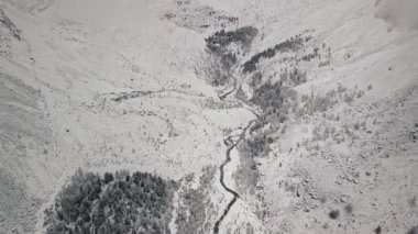Fırtına, Belukha Dağı 'nın dev buzulunda kar yağışı Aktru Nehri vadisi, Altai Dağları. Bulutlu hava, karda taş, fırtına, vahşi yaşam, kış ormanı, donmuş dağ nehri