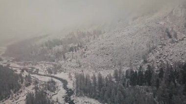 Fırtına, Belukha Dağı 'nın dev buzulunda kar yağışı Aktru Nehri vadisi, Altai Dağları. Bulutlu hava, karda taş, fırtına, vahşi yaşam, kış ormanı, donmuş dağ nehri