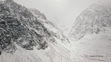 Fırtına, Belukha Dağı 'nın dev buzulunda kar yağışı Aktru Nehri vadisi, Altai Dağları. Bulutlu hava, karda taş, fırtına, vahşi yaşam, kış ormanı, donmuş dağ nehri