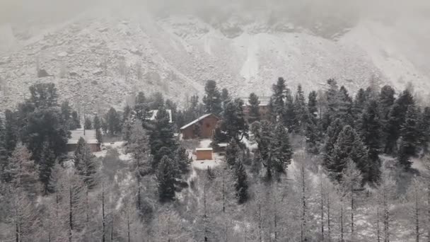 Bouře, sněžení nad zimním lesem a malá vesnička v údolí řeky Aktru, Altai hory. Mraky počasí, volně žijící zvěř, zimní les, horská řeka v údolí řeky Chuya a — Stock video