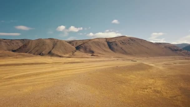 Repubblica dell'Altai, Siberia, Russia. Un campo selvaggio giallo vuoto, enormi montagne di pietra sullo sfondo di una vista aerea della bellissima fauna selvatica autunnale del Territorio dell'Altai — Video Stock