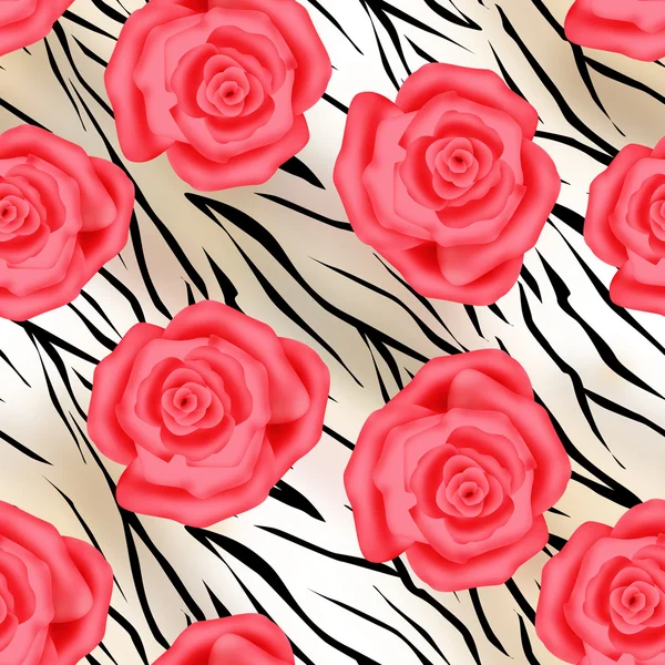 Rosa rosas no tigre selvagem pele couro sem costura padrão — Fotografia de Stock