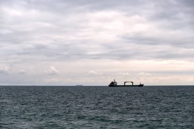 a cargo ship offshore on a cloudy day