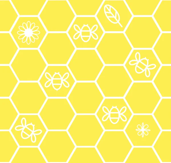 Honeycomb fundo sem costura com abelha folha de flor — Vetor de Stock