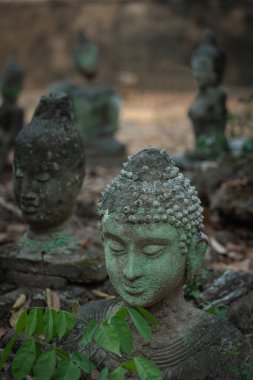 Kum taşından oyulmuş eski Buda heykeli Wat U Mong Tapınağı 'na bırakıldı. Chiang Mai, Tayland 'daki seyahat yeri tapınağı. Din kavramı.