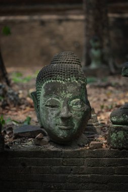 Kum taşından oyulmuş eski Buda heykeli Wat U Mong Tapınağı 'na bırakıldı. Chiang Mai, Tayland 'daki seyahat yeri tapınağı. Din kavramı.