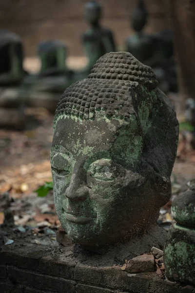Kum taşından oyulmuş eski Buda heykeli Wat U Mong Tapınağı 'na bırakıldı. Chiang Mai, Tayland 'daki seyahat yeri tapınağı. Din kavramı.
