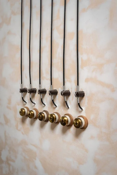 Row Six Antique Brass Light Switches Vintage Decorating Home Living — Stock Photo, Image