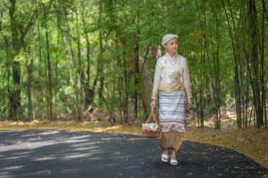 Geleneksel kostümlü güzel Asyalı kadınlar Wat Palad ya da Wat Pha Lat tapınaklarını ziyaret eder ve Chiang Mai, Tayland 'daki Budist inanışlarına göre antik tapınaklara dua ederler. Din kavramı.