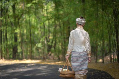 Geleneksel kostümlü güzel Asyalı kadınlar Wat Palad ya da Wat Pha Lat tapınaklarını ziyaret eder ve Chiang Mai, Tayland 'daki Budist inanışlarına göre antik tapınaklara dua ederler. Din kavramı.