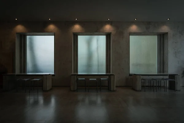 Vintage old green toning frosted glass windows interior with chairs decoration with loft-style cement walls and ceiling lighting. Concept blank space on the window for copy and text advertisement.