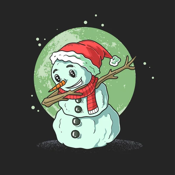 Милый Снеговик Красным Шарфом Мажет Ночи Зимой — стоковый вектор