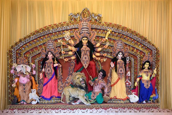 Durga Istennő Bálvány Díszített Puja Pandal Kolkata Nyugat Bengál India — Stock Fotó