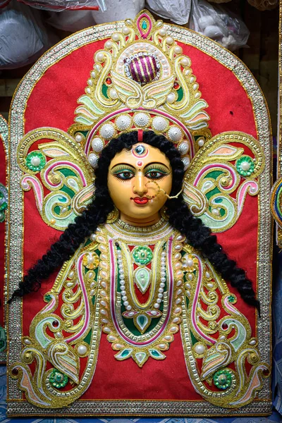 Közelkép Devi Durga Istennő Agyag Bálványáról Mielőtt Durga Puja Közeledik — Stock Fotó