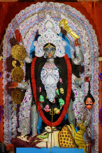 Είδωλο Της Θεάς Κάλι Διακοσμημένο Στο Puja Pandal Kali Puja — Φωτογραφία Αρχείου