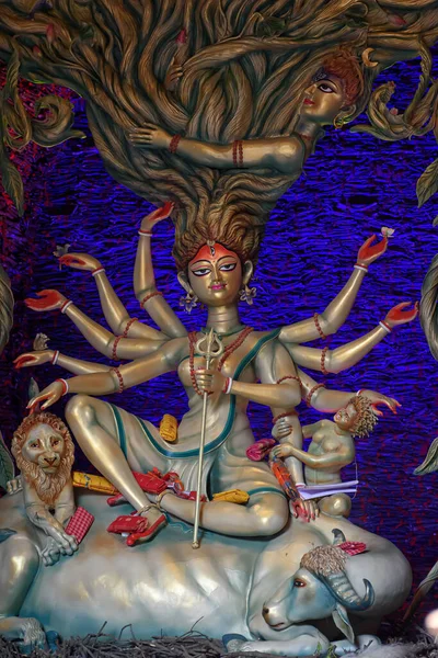 Goddess Durga Idol Decorated Puja Pandal Kolkata West Bengal India — Stock Photo, Image