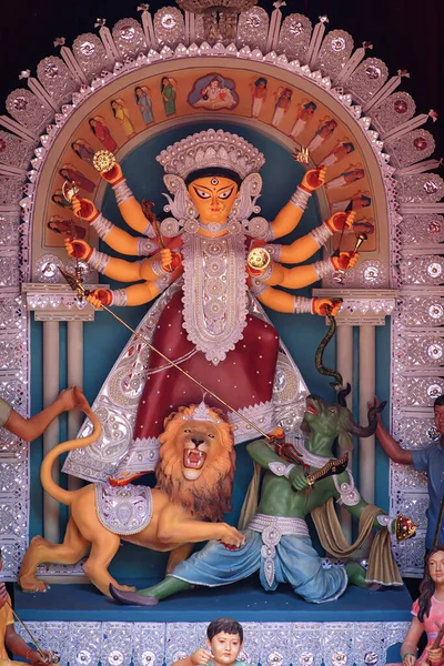 Goddess Durga Devi Idol Decorated Puja Pandal Kolkata West Bengal — Zdjęcie stockowe