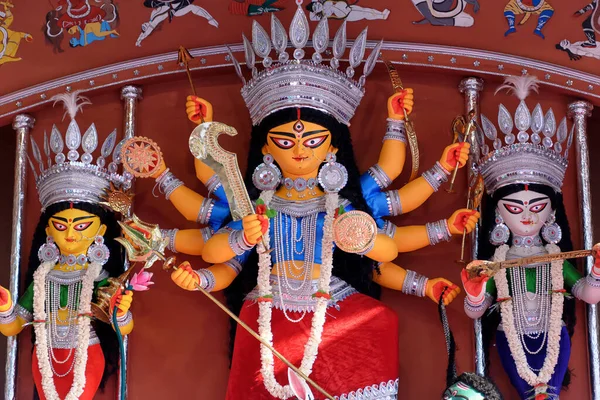 Goddess Durga Devi Idol Decorated Puja Pandal Kolkata West Bengal — Foto de Stock