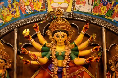 Goddess Durga devi idol decorated at puja pandal in Kolkata, West Bengal, India. Durga Puja is biggest religious festival of Hinduism and is now celebrated worldwide.