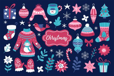 Noel tatili şirin unsurları ayarlandı. Kart, çıkartma, dekor ve giysi için çocukça bir baskı. Vektör illüstrasyonu