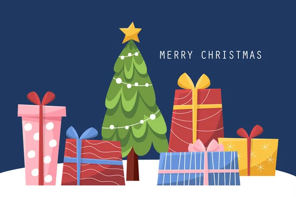 Weihnachtsgrußkarte Mit Geschenkschachteln Und Weihnachtsbaum — Stockvektor