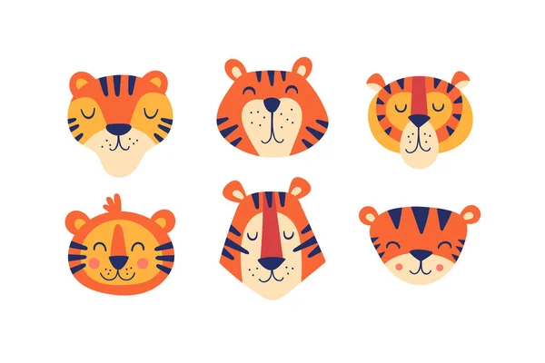 Lindo Diseño Personaje Cabeza Tigre Conjunto Para Año Nuevo Chino — Archivo Imágenes Vectoriales