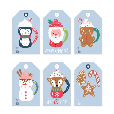 Noel hediyesi etiketleri ve üzerinde sıcak kakao bardakları olan etiketler. Çocuksu baskı