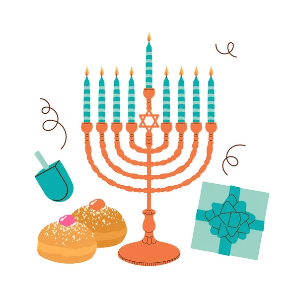 Hanukkah Diseño Banner Vacaciones Conjunto Con Menorah Donas Caja Regalo — Vector de stock