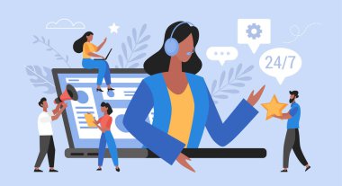 Çağrı merkezi ve küresel teknik destek konsepti. Müşteri vektör illüstrasyonlu yardım hattı operatörü