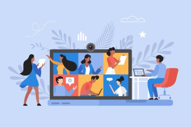 Çevrimiçi iş toplantısı ve video konferans konsepti. Takım çalışması ve vektör çizimi beyin fırtınası