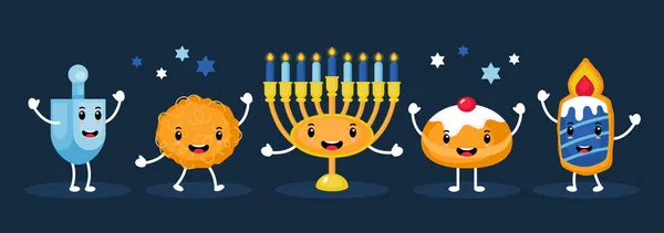 Menorah, geleneksel çörekler, mum kurabiyeleri, patatesli latkeler ve dönen komik çizgi film karakterleriyle Hanukkah bayrağı tasarımı.