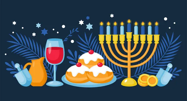 Hanukkah Holiday Banner Design Menorah Sufganiyot Spinning Top Background Template — Stock Vector