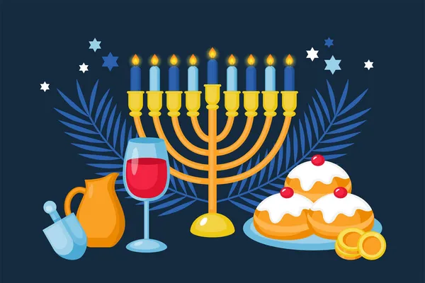Hanukkah holiday banner design with menorah, sufganiyot and spinning top. Background template for social media, greeting card and poster