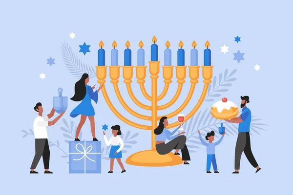 Hanukkah Concepto Vacaciones Moderna Ilustración Vectorial Personas Familia Celebrando Decorando — Vector de stock