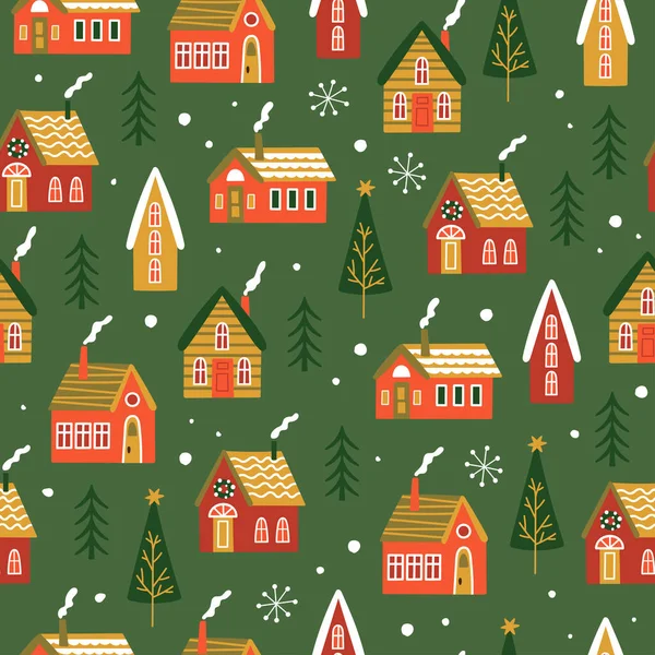 Patrón Sin Costuras Para Vacaciones Navidad Con Casas Lindas Abetos — Archivo Imágenes Vectoriales