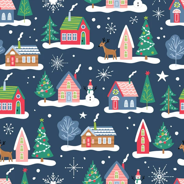 Modèle Sans Couture Pour Les Vacances Noël Avec Jolies Maisons — Image vectorielle