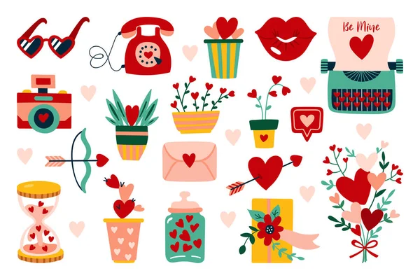Valentinstag Niedliche Elemente Gesetzt Kindlicher Druck Für Karten Aufkleber Bekleidung — Stockvektor
