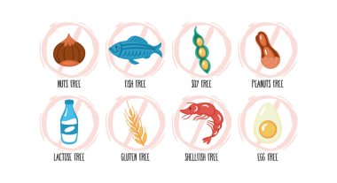 Allergy food hand drawn stickers set. Lactose free, egg, nuts, peanuts, shellfish, fish, soy and gluten. Labels for restaurant  menu design.