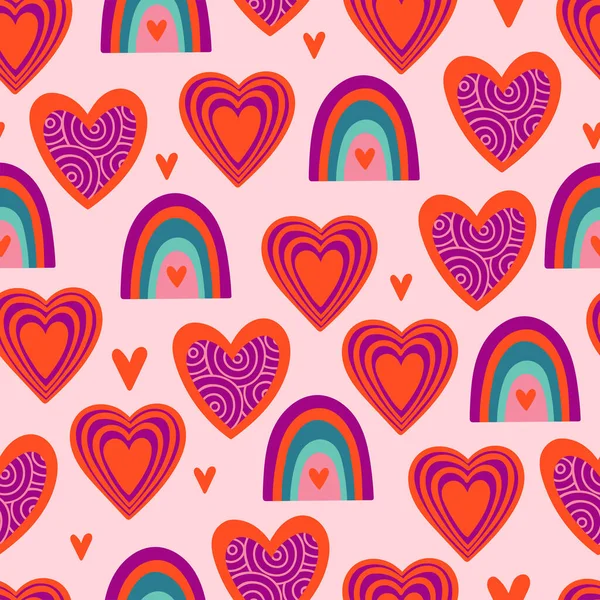 Seamless Pattern Valentines Day Cute Heart Shape Childish Print Cards — Stok Vektör