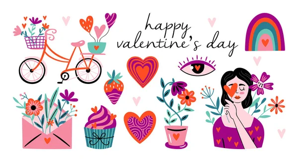 Valentines Day Cute Elements Set Heart Shape Bicycle Girl Envelope — Stock Vector