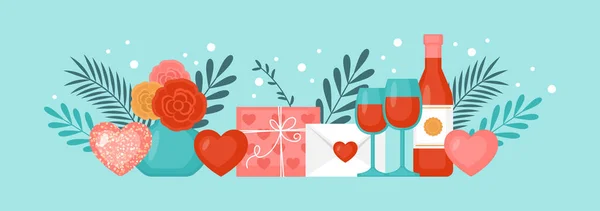 Valentines Day Holiday Banner Design Heart Shapes Wine Gift Box — Vector de stock