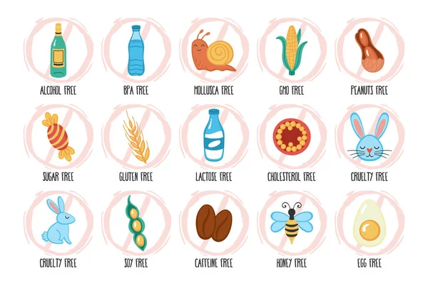 Allergy Food Hand Drawn Stickers Set Icons Restaurant Menu Design - Stok Vektor