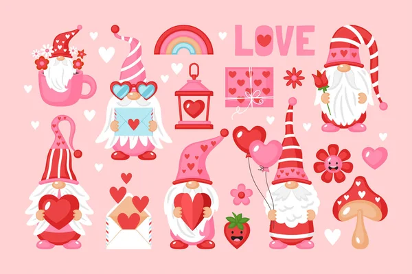 Valentinstag Urlaub Niedlichen Gnome Charakter Und Elemente Gesetzt Vorlage Für — Stockvektor