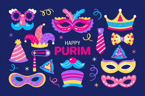 Purim bayramı şirin karnaval maskeleri ve elementler ayarlandı. Tebrik kartları, posterler, davetiyeler ve çıkartmalar için çocukça baskı.