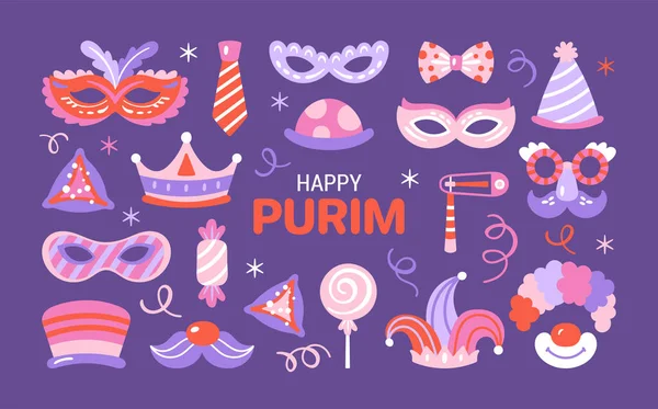 Purim Bayramı Şirin Karnaval Maskeleri Elementler Ayarlandı Tebrik Kartları Posterler — Stok Vektör